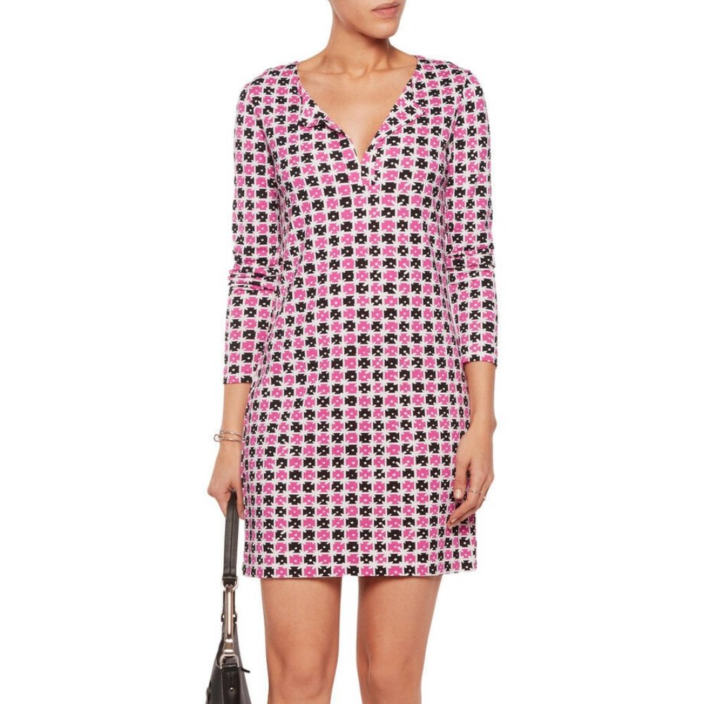 DIANE VON FURSTENBERG Reina Check Dot Pink Dress